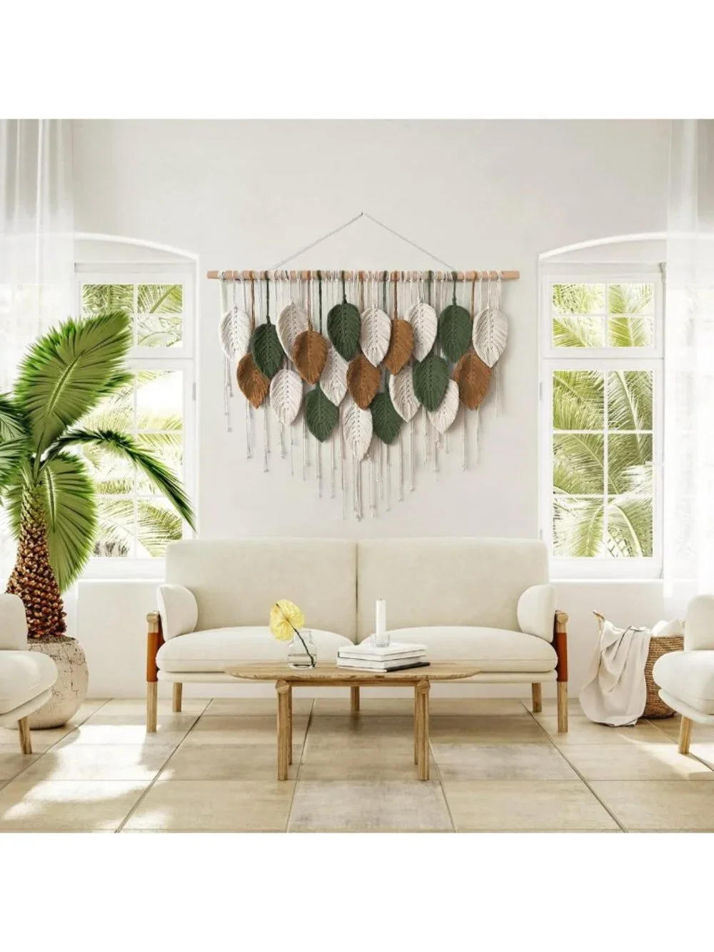 Large Boho Macrame Wall Hanging Tapestry - Chic Handmade Leaf Feather Decor